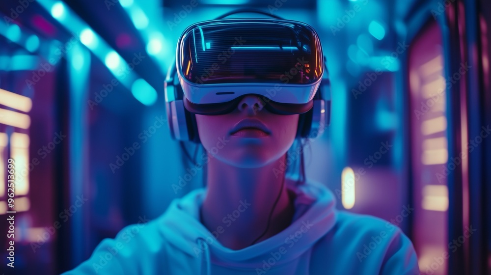 Woman exploring virtual reality with VR headset Woman exploring virtual reality with VR headset