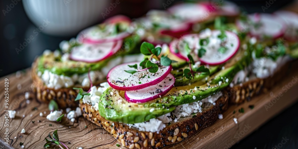 Toast topped with avocado, cream cheese, radishes, feta, red onion, and freshly ground pepper, served on a wooden board. Toast topped with avocado, cream cheese, radishes, feta, red onion, and freshly ground pepper, served on a wooden board.
