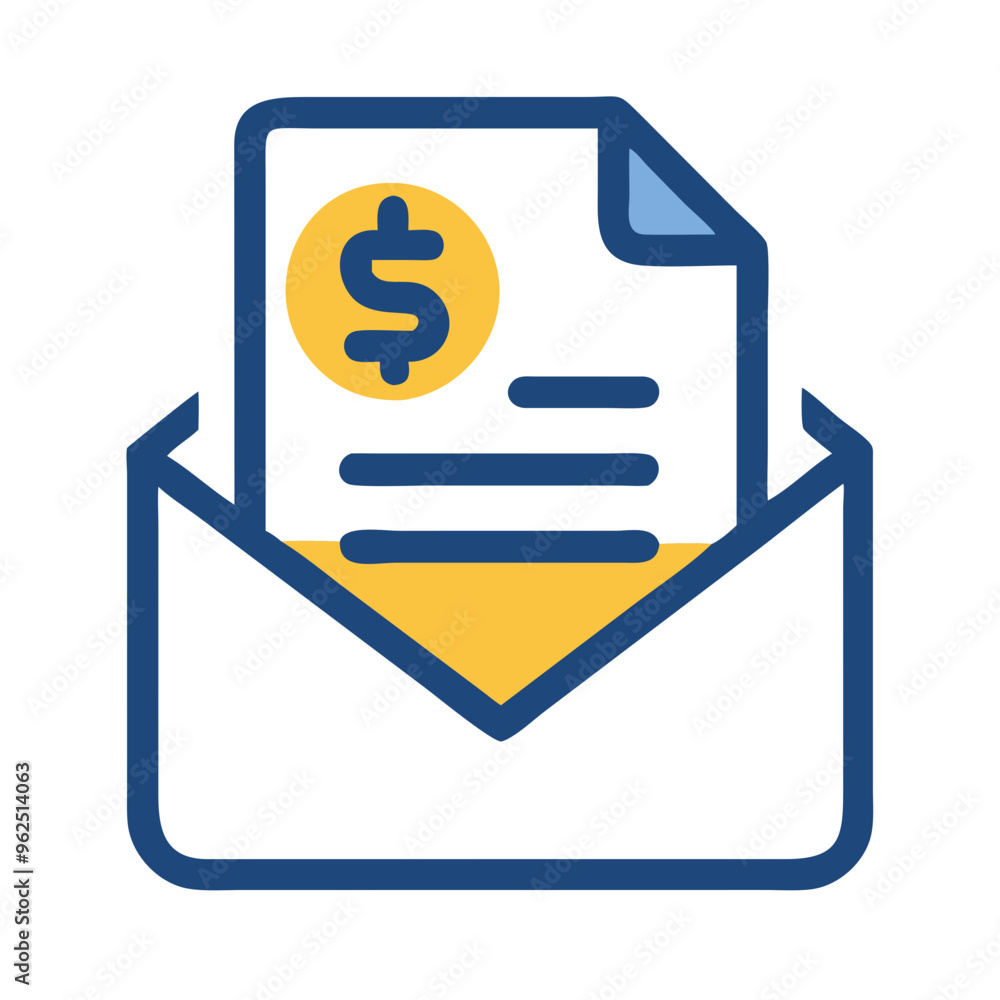 Invoice in envelope icon, blue and yellow, billing document illustration Invoice in envelope icon, blue and yellow, billing document illustration