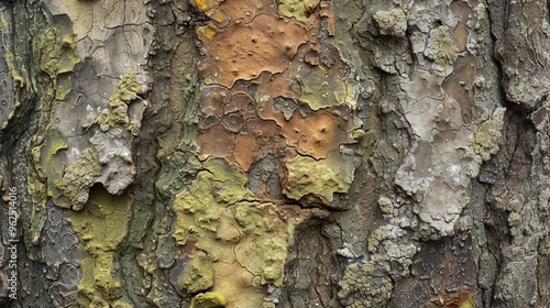 A macro photograph of tree bark adorned with patches of colorful lichen. The intricate textures and vibrant shades of green, yellow, and brown highlight the beauty of this natural symbiosis, making it photo