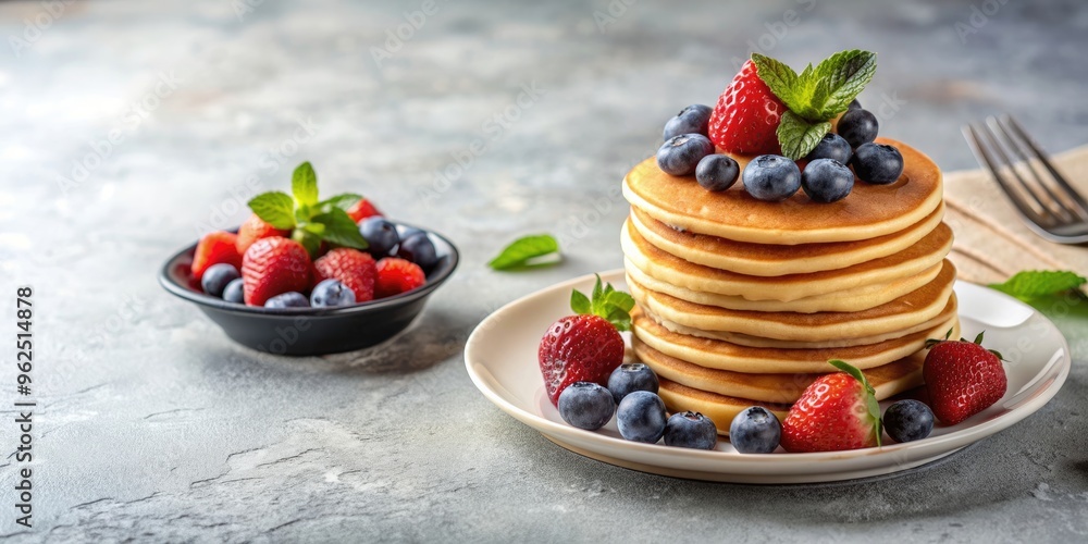 Fresh pancakes and berries on light gray concrete table with copy space, breakfast, berries, pancakes, healthy food, delicious Fresh pancakes and berries on light gray concrete table with copy space, breakfast, berries, pancakes, healthy food, delicious