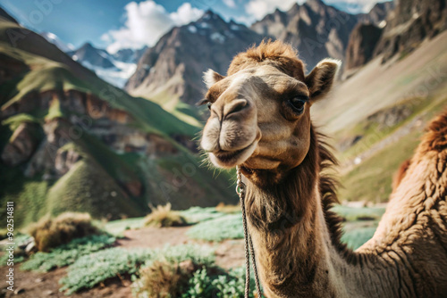 Close-up of a Camel with Mountain Background photo