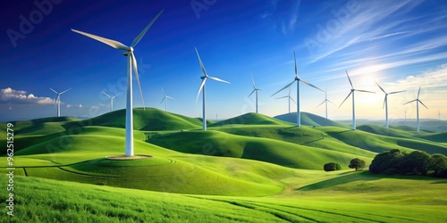 Scenic view of wind turbines on a green hill against a clear blue sky, renewable energy