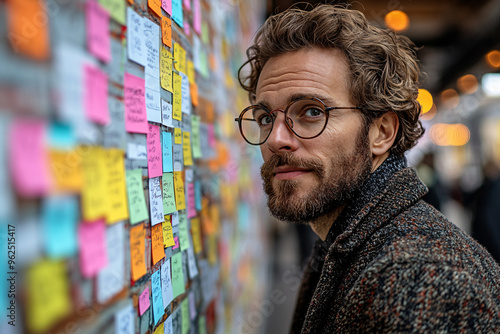 A man is putting a sticky note on the wall as part of strategic business planning and very organized thinking. photo