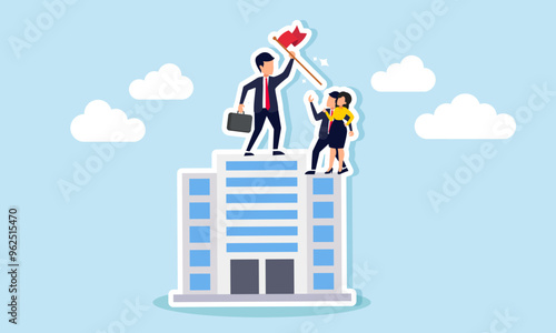 A businessman and competitor standing on top of a building holding a red flag to show their rival, illustration of Competitor recognition of a project deal awarded through a tender or acknowledgment