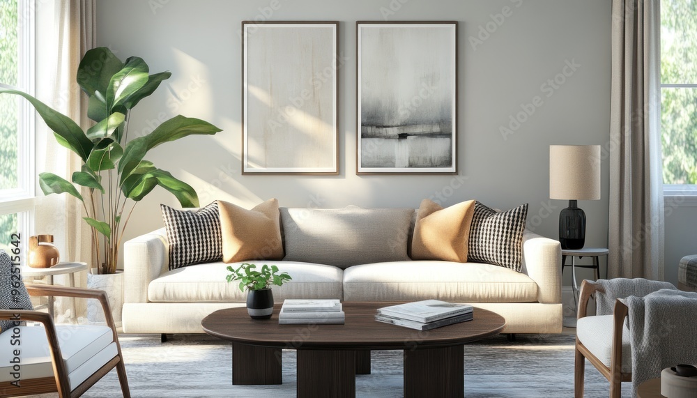 Obraz premium Modern Living Room Interior Design with White Sofa and Wooden Coffee Table