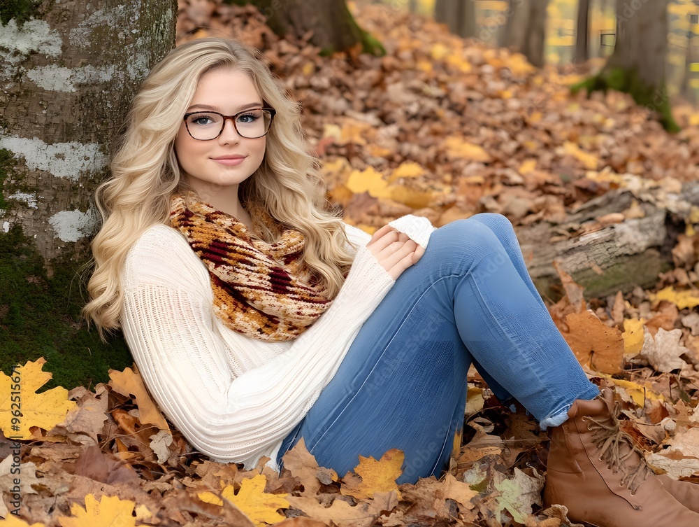 Beautiful Young Woman Sitting in Autumn Leaves Beautiful Young Woman Sitting in Autumn Leaves