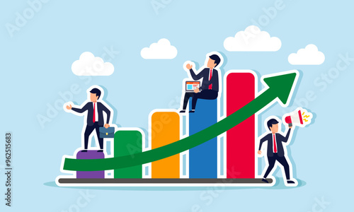 Employees working on promotion, management, and public relations on a graph with a positive trend, illustration of Managing a company, promoting a brand, maintaining customer relations aligned profit