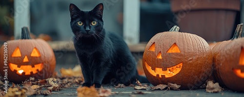 Mysterious black cat next to intricately carved jack-o'-lanterns, surrounded by a chilling and spooky atmosphere for a captivating Halloween scene