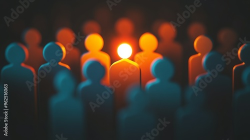 One figure stands out from the crowd, glowing brightly in the center.