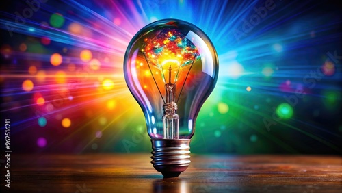 Vibrant light bulb glowing with creative ideas, innovation, inspiration, brainstorming, innovation, creativity