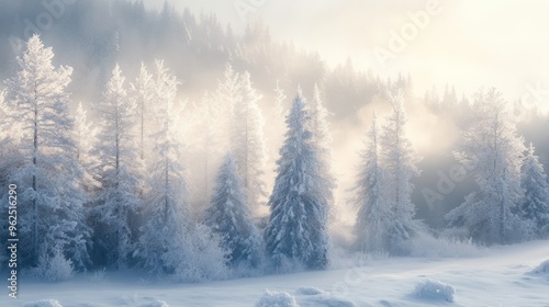 Sunlit Frost-Covered Trees in a Misty Winter Forest