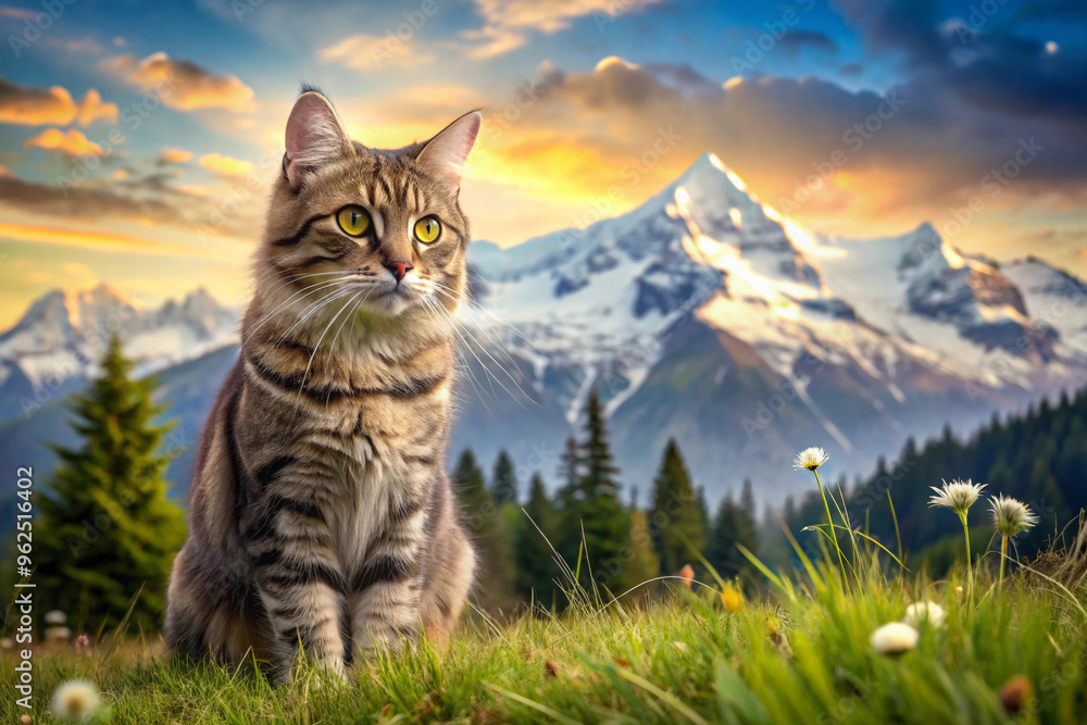 Tabby Cat Sitting in Front of a Mountain Range at Sunset Tabby Cat Sitting in Front of a Mountain Range at Sunset