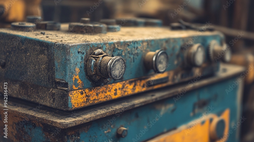 Close-up of a weathered control panel with rust and dirt, evoking nostalgia for industrial machinery. Close-up of a weathered control panel with rust and dirt, evoking nostalgia for industrial machinery.