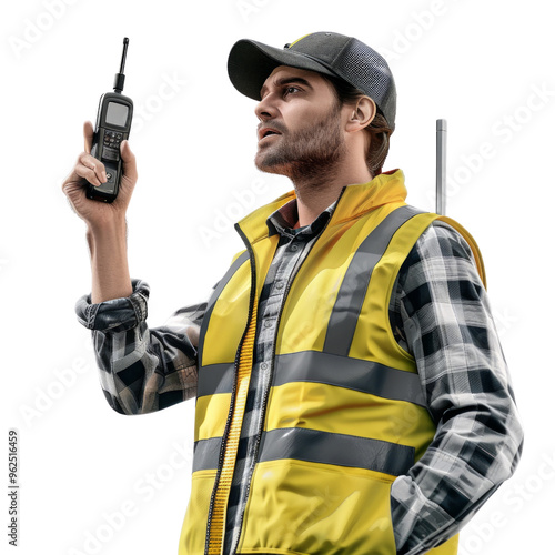 A man in a yellow vest holding a walkie talkie