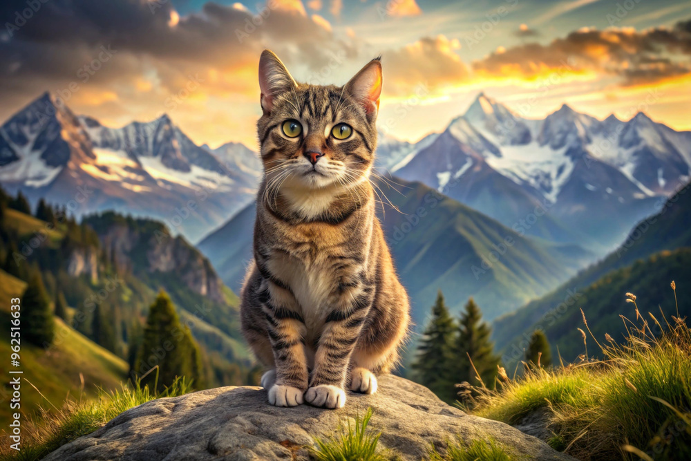Tabby Cat Sitting on a Rock Against a Mountain Range Background at Sunset Tabby Cat Sitting on a Rock Against a Mountain Range Background at Sunset