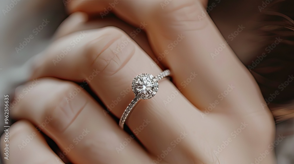Close-up of an engagement ring on a person's finger, with a blurred background. Close-up of an engagement ring on a person's finger, with a blurred background.