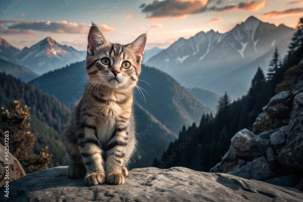 A Tabby Cat Sitting on a Rocky Outcrop with Mountainous Background A Tabby Cat Sitting on a Rocky Outcrop with Mountainous Background