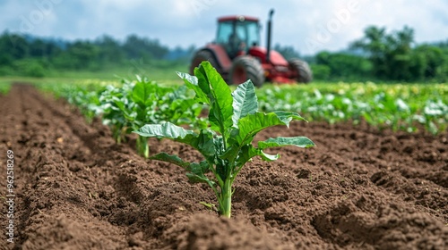 Close-up of leafy greens growing in rich soil with a tractor in the background, showcasing vibrant agriculture.