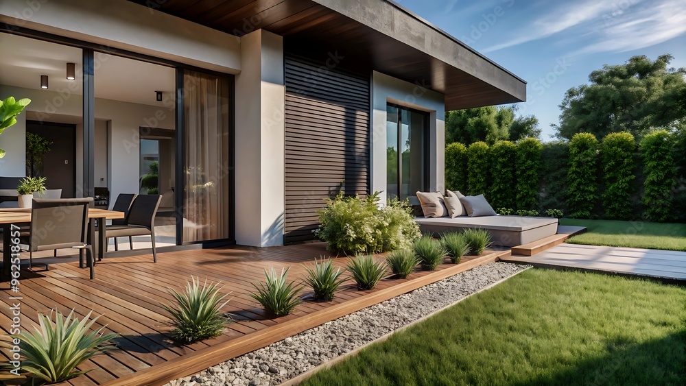 Outdoor modern terrace with chair and table with garden background, furniture chairs seating on a residential house terrace. Outdoor modern terrace with chair and table with garden background, furniture chairs seating on a residential house terrace.