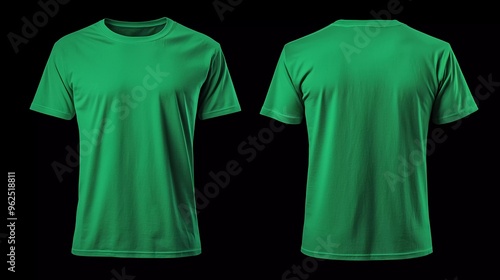 
Blank shirt mock up template, front and back view, plain green t-shirt isolated on black. Good tee design mockup presentation for printing photo