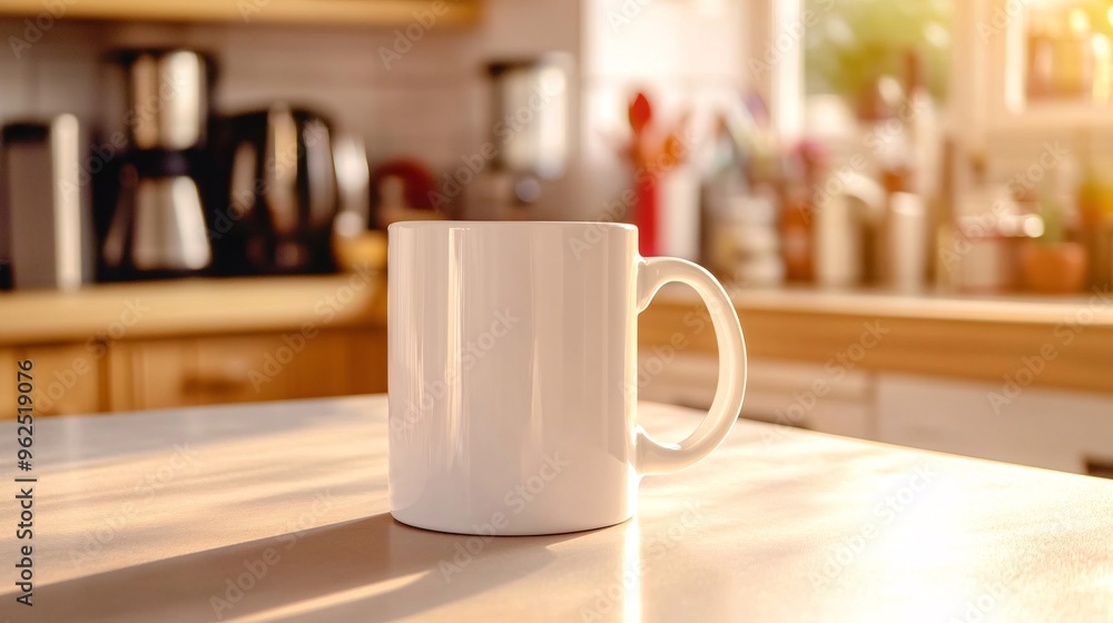 White mug on a kitchen counter in the morning sun. White mug on a kitchen counter in the morning sun.