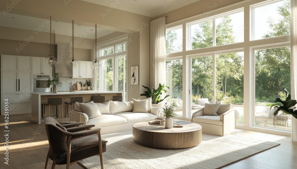 Modern Living Room with Large Windows and White Sofa Modern Living Room with Large Windows and White Sofa
