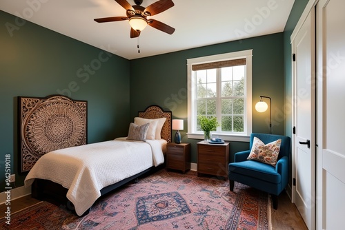 Stunning Aerial View of Cozy Twin Bedroom with Decorative Headboard