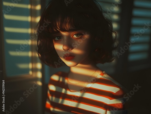 Woman Looking Out Window With Sun Rays and Blinders photo