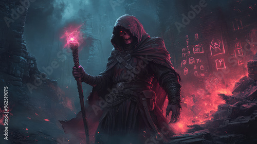 A hideous undead sorcerer with decayed flesh, holding a glowing staff, standing in a crumbling, darkened temple. photo