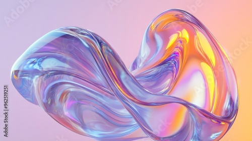 An ethereal holographic sculpture with iridescent tones and fluid shapes floats in the air, rendered in Cinema 4D, with soft light reflecting off its translucent surface