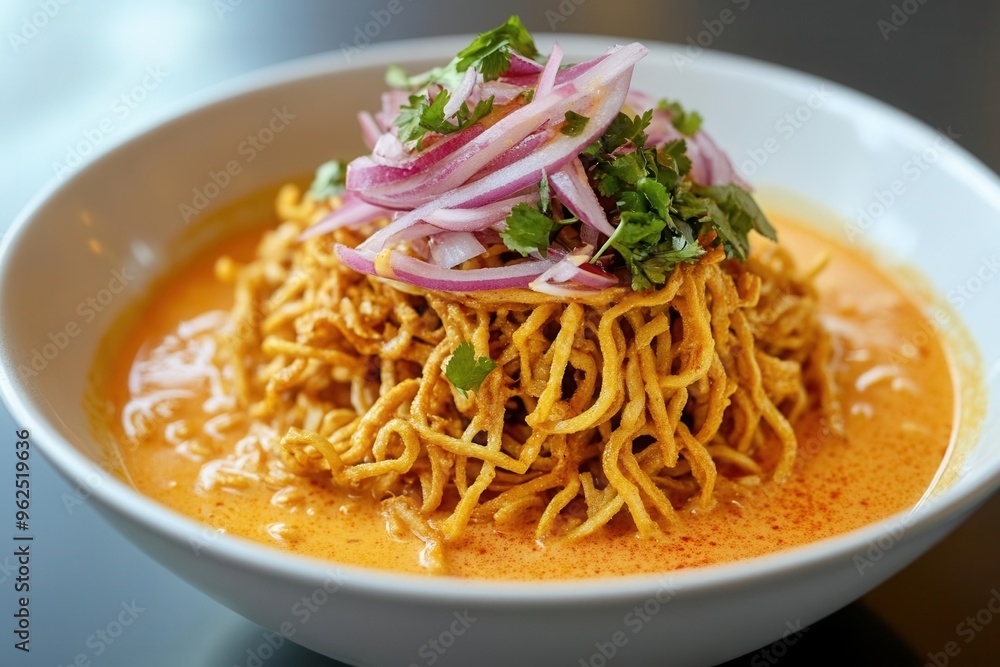 Hyperrealistic Khao Soi with crispy and boiled noodles, rich coconut curry broth, garnished with pickled mustard greens and red onions Hyperrealistic Khao Soi with crispy and boiled noodles, rich coconut curry broth, garnished with pickled mustard greens and red onions