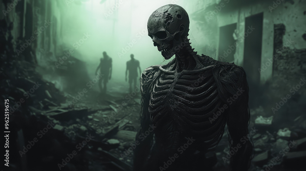 A skeleton is standing in a dark, desolate area A skeleton is standing in a dark, desolate area