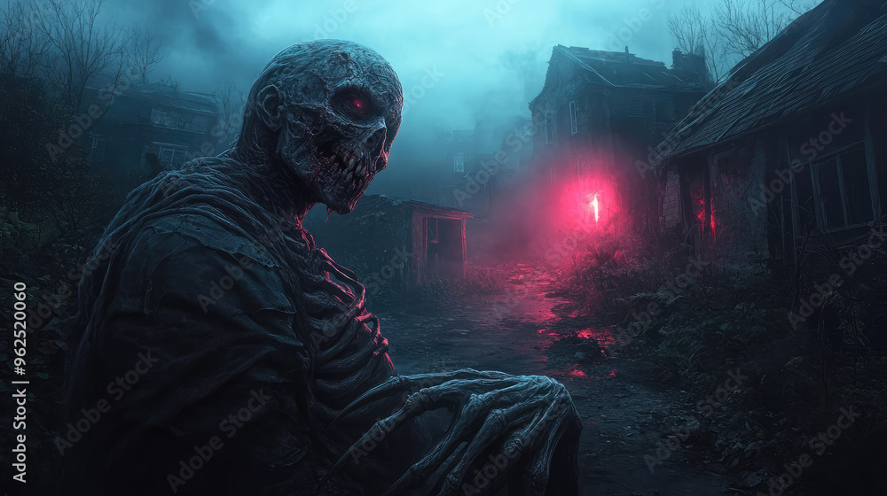 A skeleton is sitting in the rain in front of a house A skeleton is sitting in the rain in front of a house
