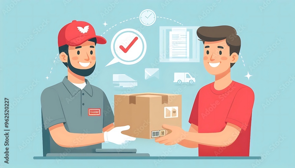 courier hands over a package to a smiling buyer in flat design courier hands over a package to a smiling buyer in flat design