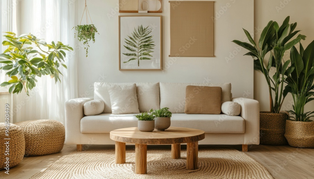 Minimalist living room with a white sofa and potted plants Minimalist living room with a white sofa and potted plants