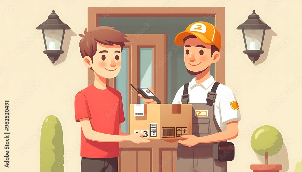 courier hands over a package to a smiling buyer in flat design courier hands over a package to a smiling buyer in flat design
