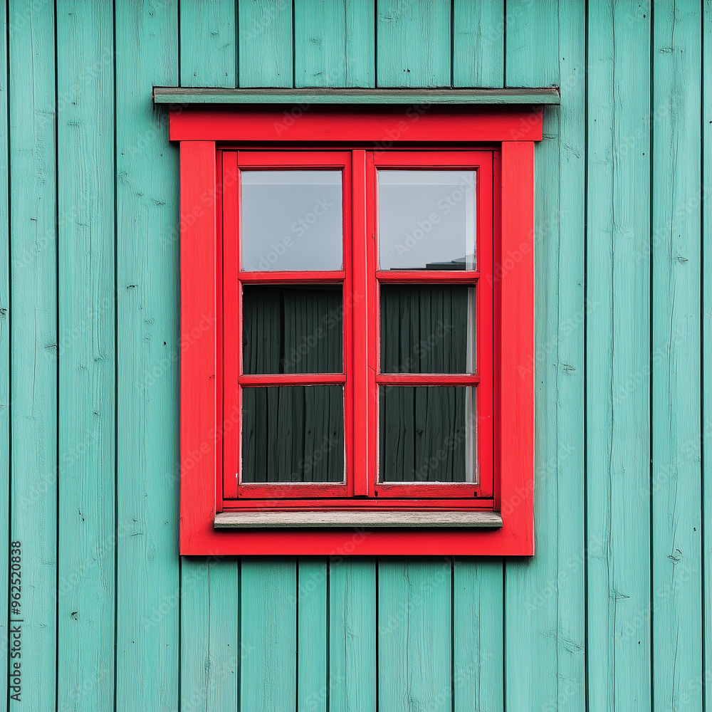 Frontal view of the colorful windows of a wooden house Frontal view of the colorful windows of a wooden house