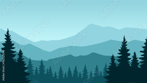 Landscape illustration of pine forest silhouette and mountain range