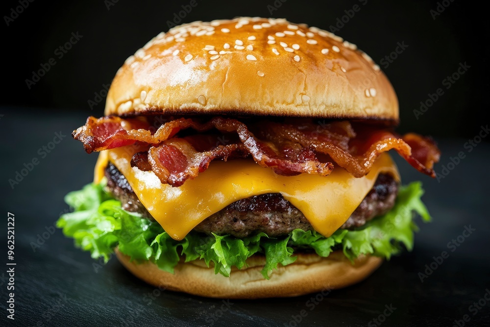 Cheeseburger with bacon, cheese and lettuce on black background with generative ai Cheeseburger with bacon, cheese and lettuce on black background with generative ai