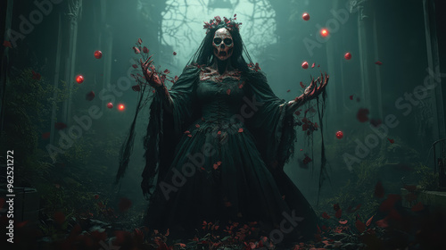 A terrifying undead queen with rotting skin, standing in a darkened throne room, tattered robes hanging from her skeletal frame, glowing orbs floating in the air.