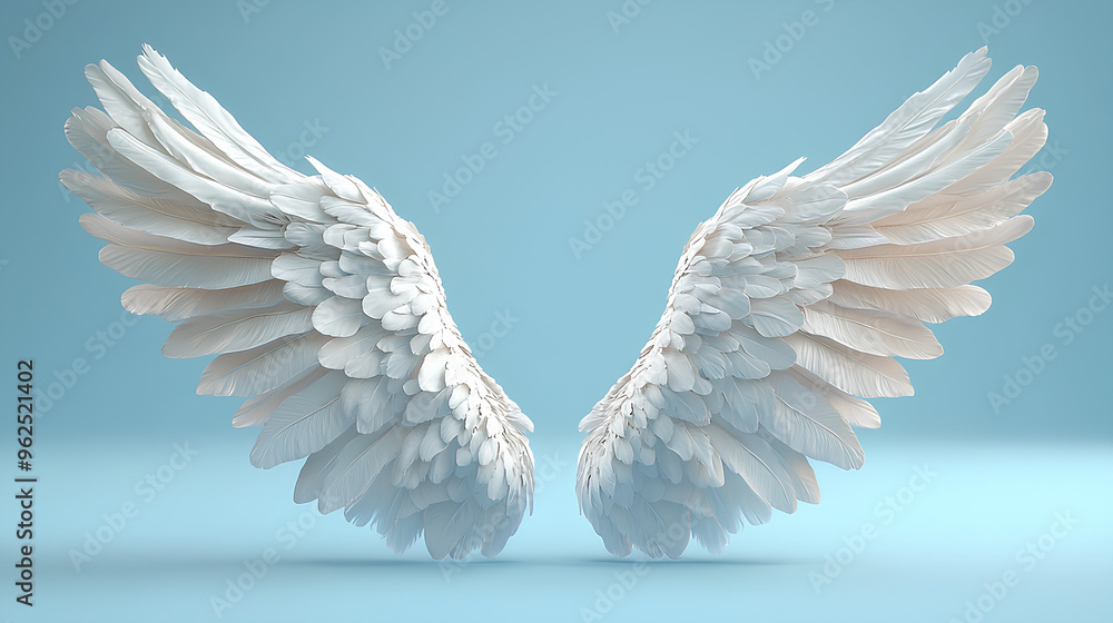 Fototapeta premium white angel wings realistic 3d on light blue background