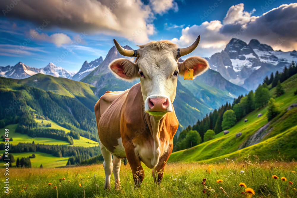 Cow in a Mountainous Meadow with Snow-capped Peaks Cow in a Mountainous Meadow with Snow-capped Peaks