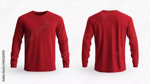 Blank red long sleeve t shirt front and back view on white background, design mockup for print, red tshirt mock up template, empty tshirt for design presentation