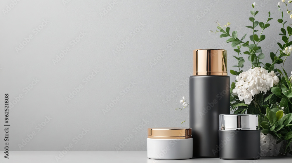 Elegant skincare containers with gold accents displayed with white flowers on a neutral background, perfect for beauty branding or advertising. Elegant skincare containers with gold accents displayed with white flowers on a neutral background, perfect for beauty branding or advertising.