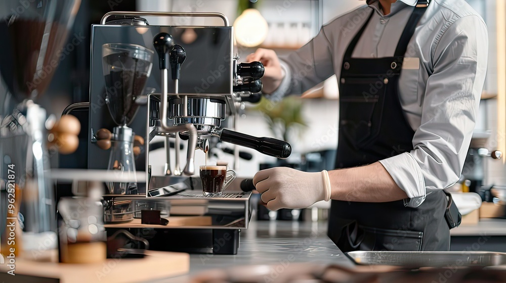 Barista in apron brewing coffee with a sleek espresso machine in a modern café. Barista in apron brewing coffee with a sleek espresso machine in a modern café.
