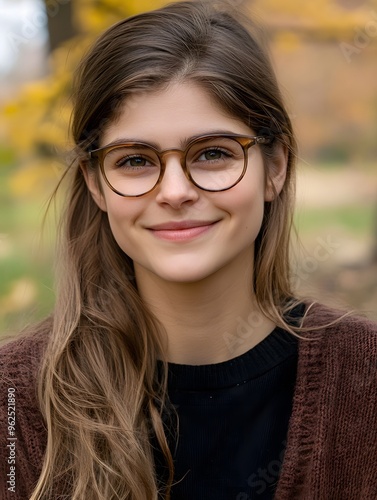 Portrait of a Young Woman with Glasses Smiling in an Autumn Setting