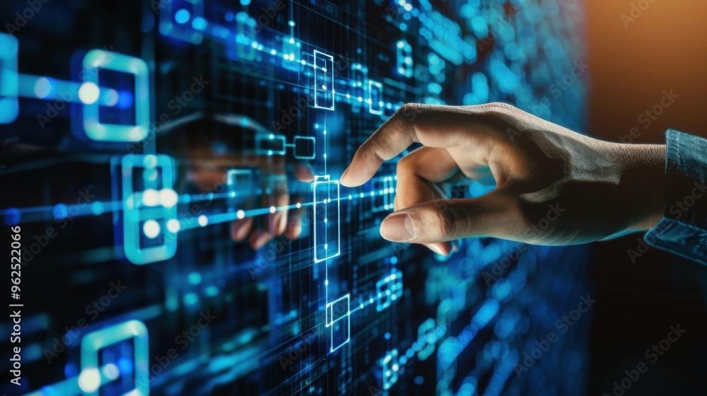 A businessman interacting with a blockchain icon, representing global technological networking. Highlights decentralization, transparency, and security in blockchain technology. A businessman interacting with a blockchain icon, representing global technological networking. Highlights decentralization, transparency, and security in blockchain technology.