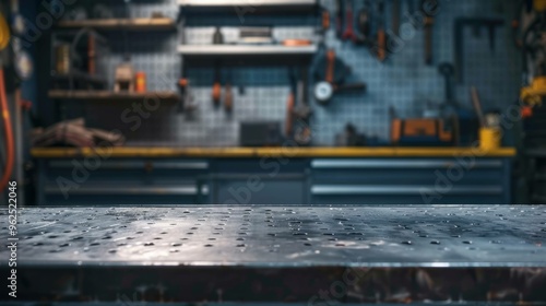 A blank, rough metal workshop desk with a blurred garage background, providing ample copy space for showcasing products or creative ideas in a man cave studio.