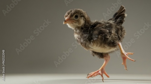 Close-up of a Brown and White Chicklet Walking on a Light Gray Surface photo